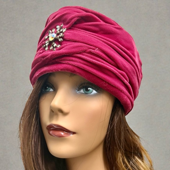 Accessories - 1960s Raspberry Red Vintage Velvet Turban Hat with Jewel Accent
